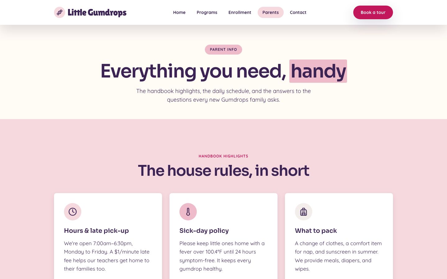 Daycare Website Template — parents page screenshot