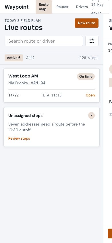 Delivery Route Planner Template — responsive mobile layout