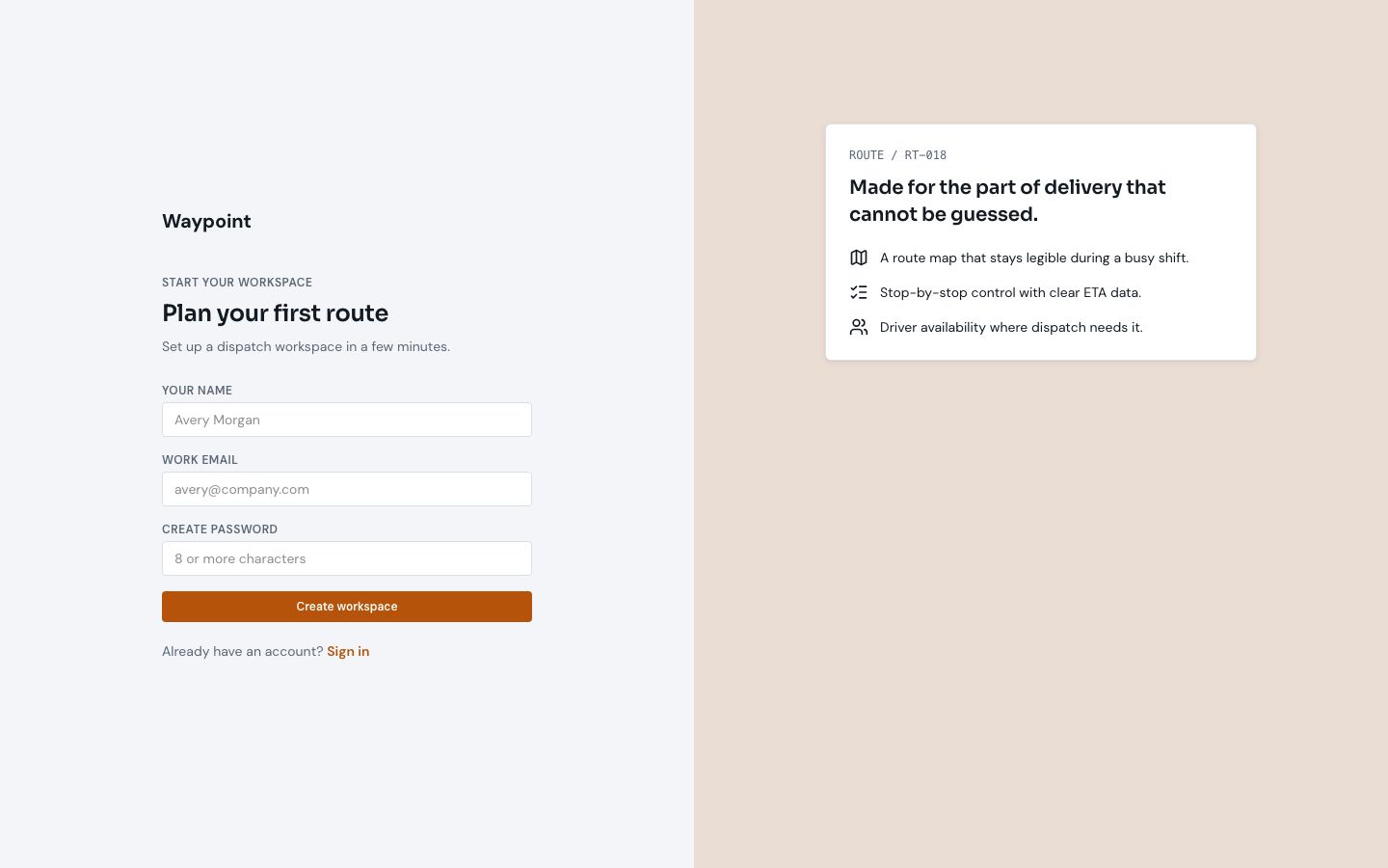 Delivery Route Planner Template — signup page screenshot
