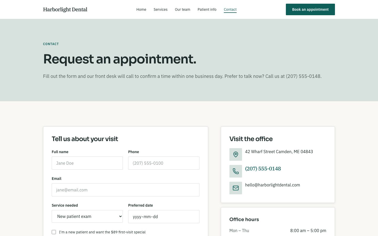 Dental Clinic Website Template — contact page screenshot