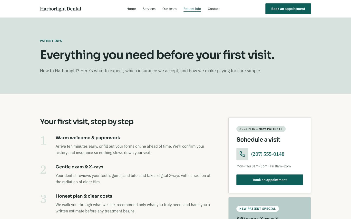 Dental Clinic Website Template — patient info page screenshot