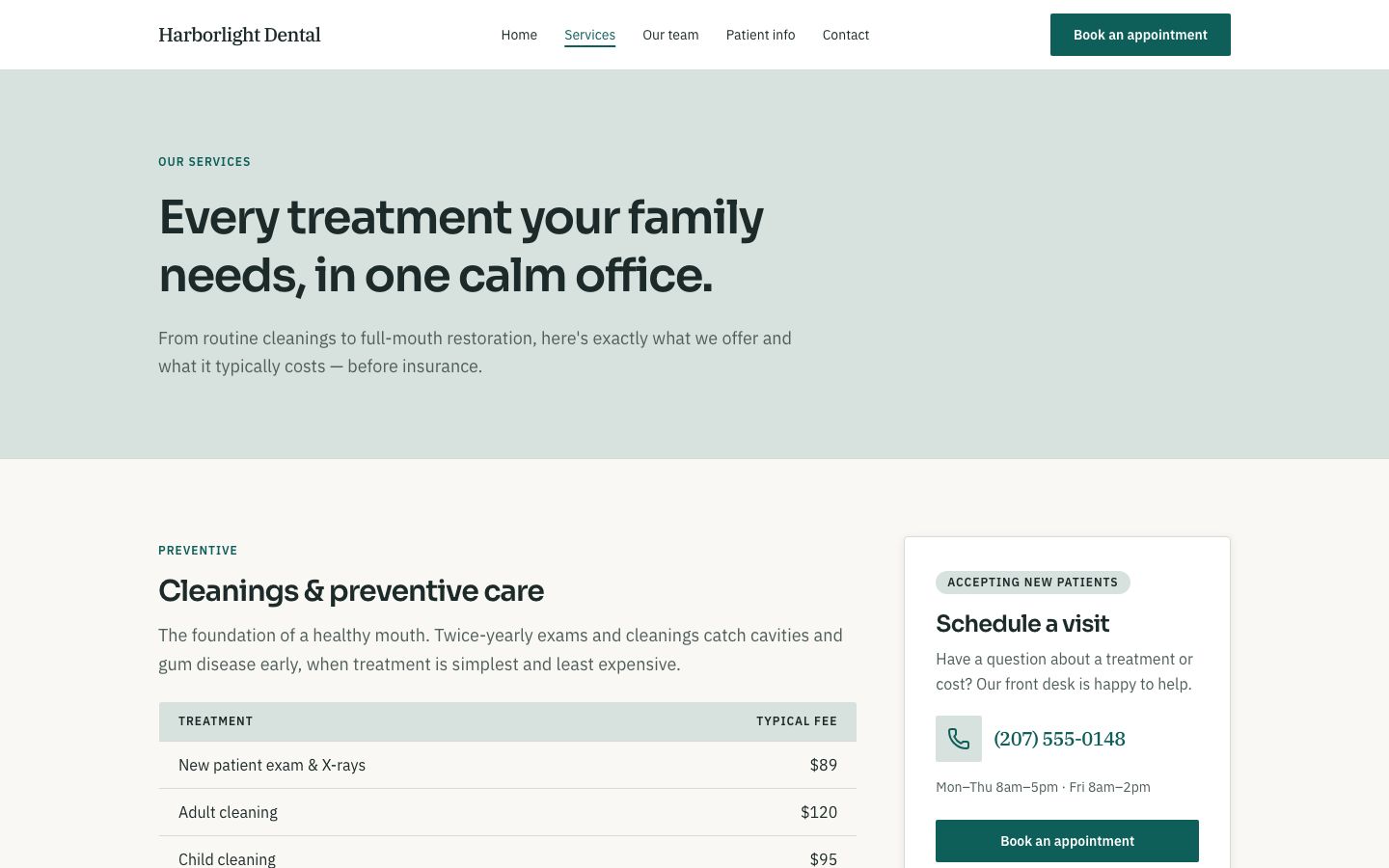 Dental Clinic Website Template — services page screenshot