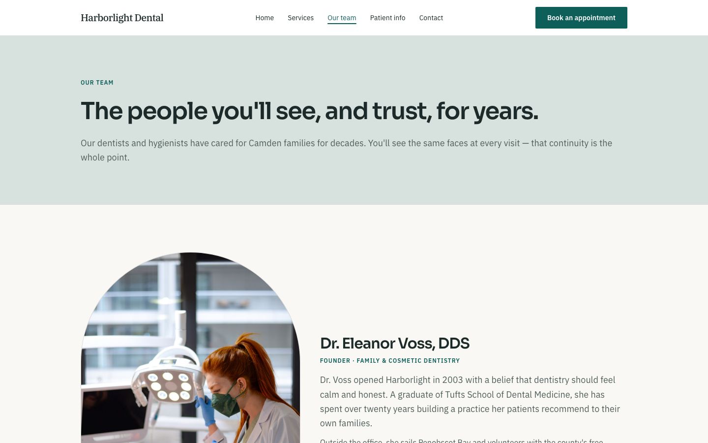 Dental Clinic Website Template — team page screenshot