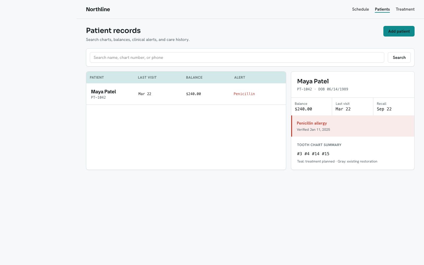 Dental Practice Management Template — patients page screenshot