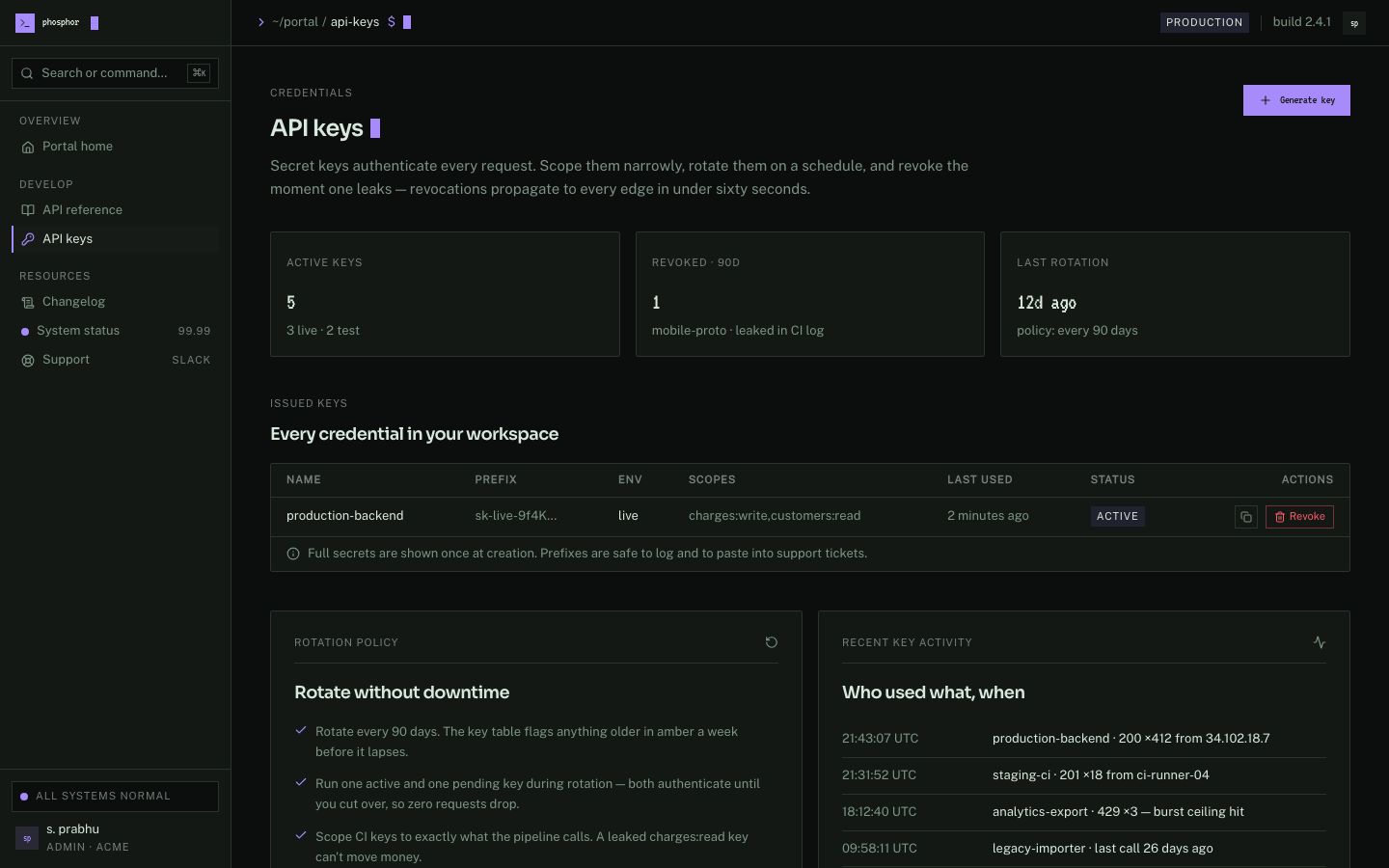 Developer Portal Template — api keys page screenshot