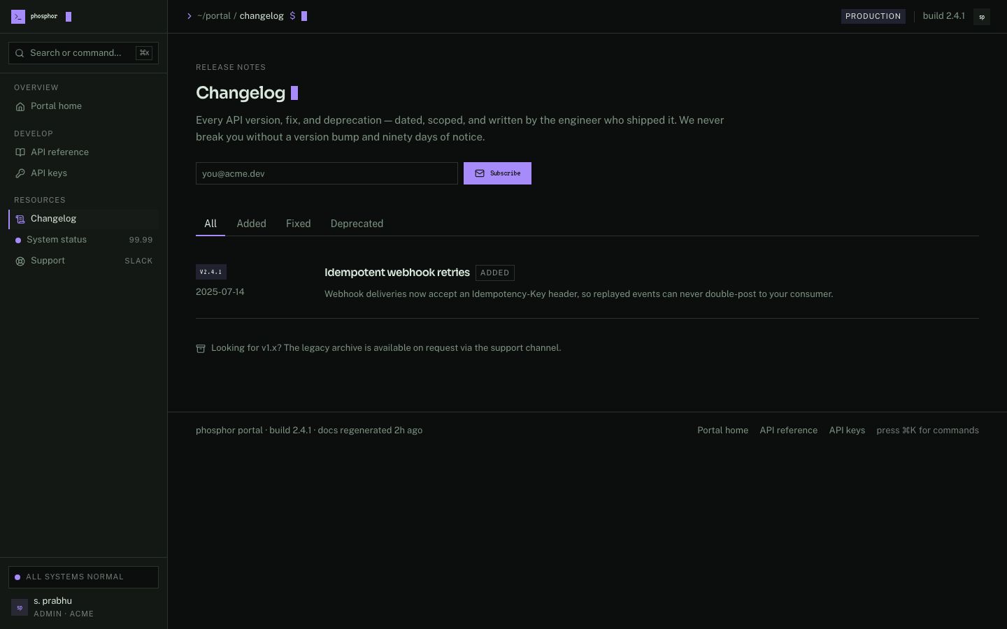 Developer Portal Template — changelog page screenshot