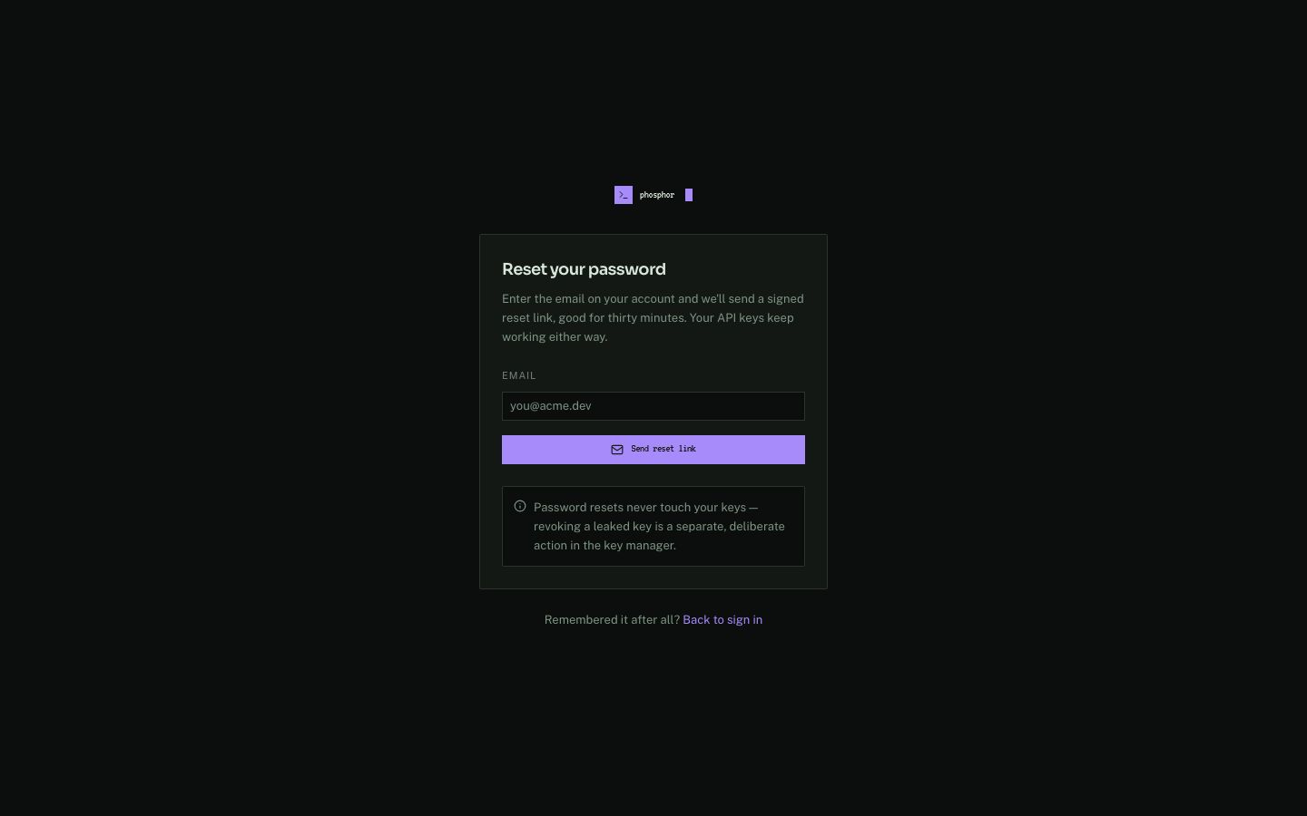 Developer Portal Template — forgot password page screenshot