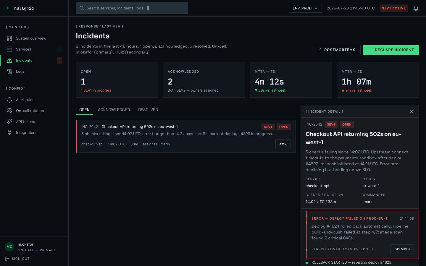 DevOps Dashboard Template — incidents page screenshot