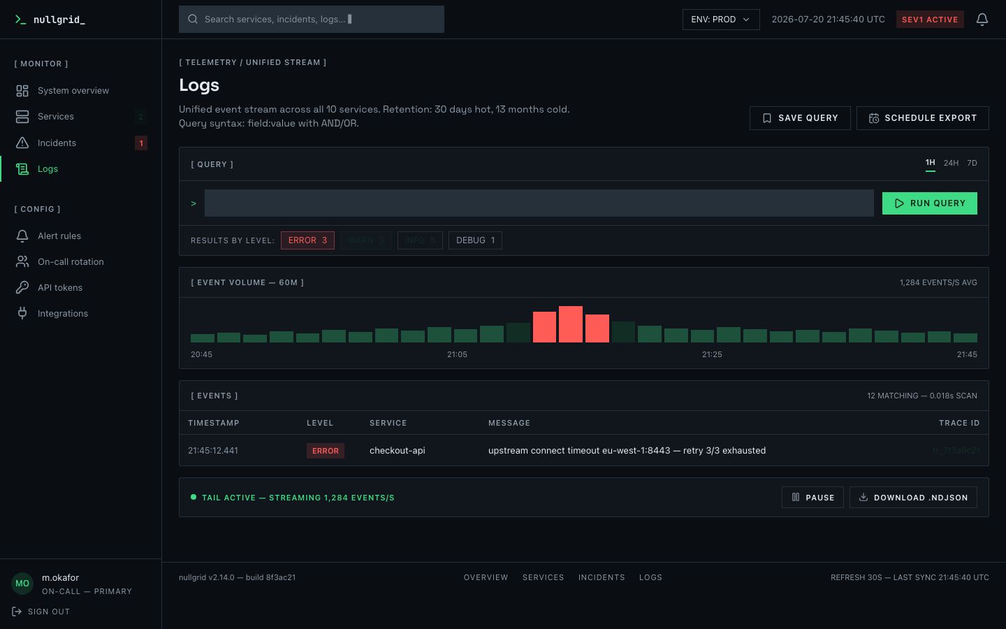 DevOps Dashboard Template — logs page screenshot