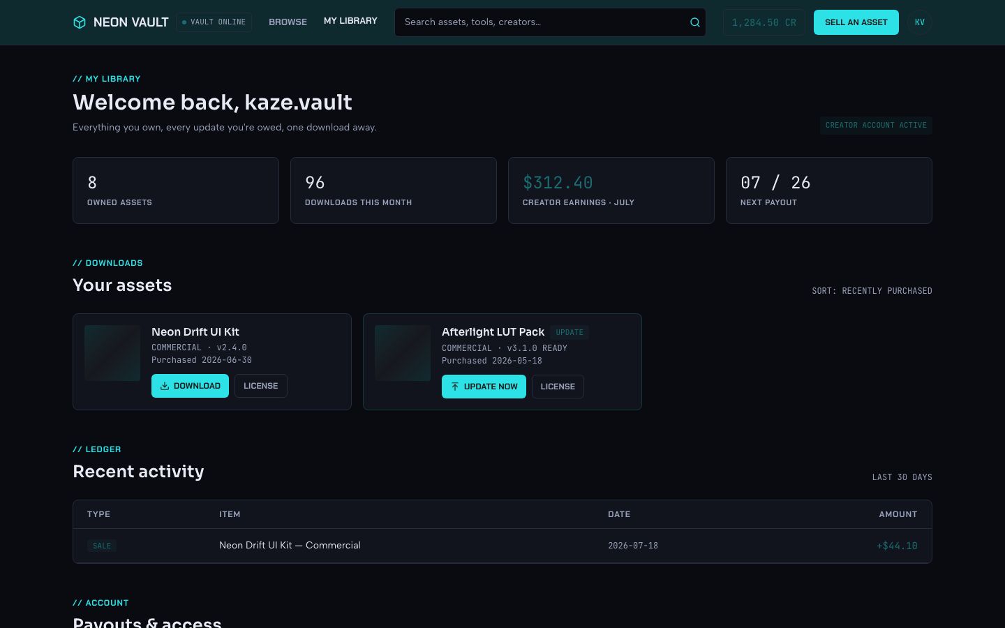 Digital Products Marketplace Template — library page screenshot