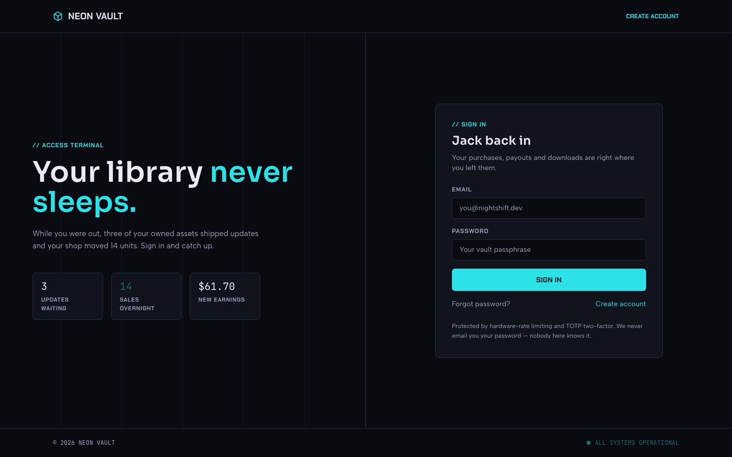 Digital Products Marketplace Template — login page screenshot