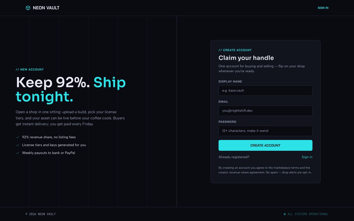 Digital Products Marketplace Template — signup page screenshot