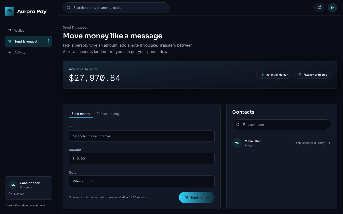 Digital Wallet App Template — send page screenshot