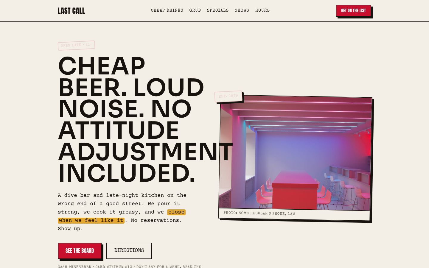 Bar Website Template — home page screenshot
