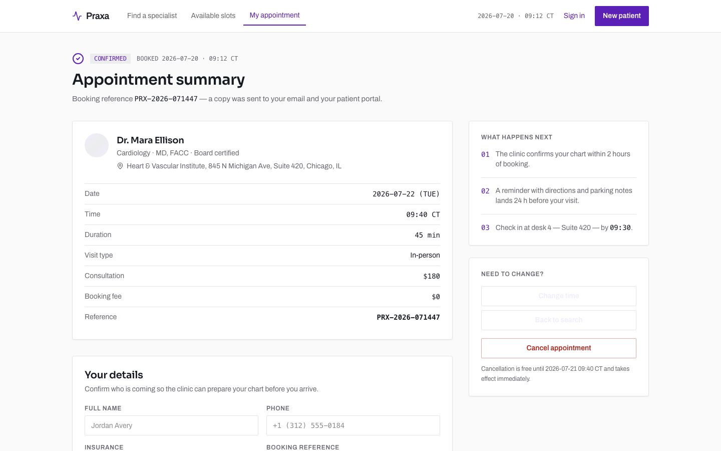 Doctor Appointment App Template — confirmation page screenshot