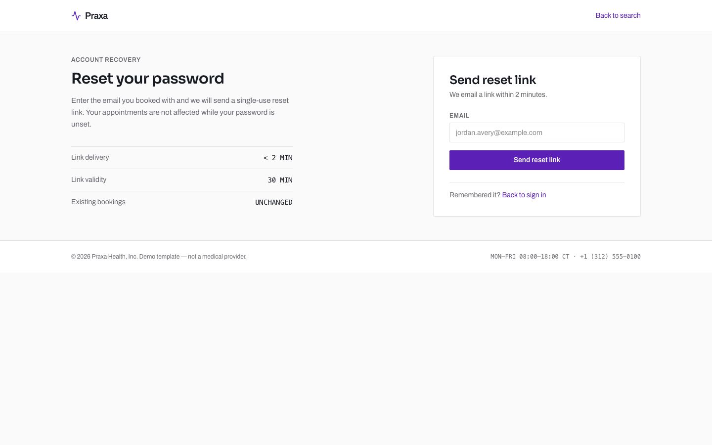 Doctor Appointment App Template — forgot password page screenshot