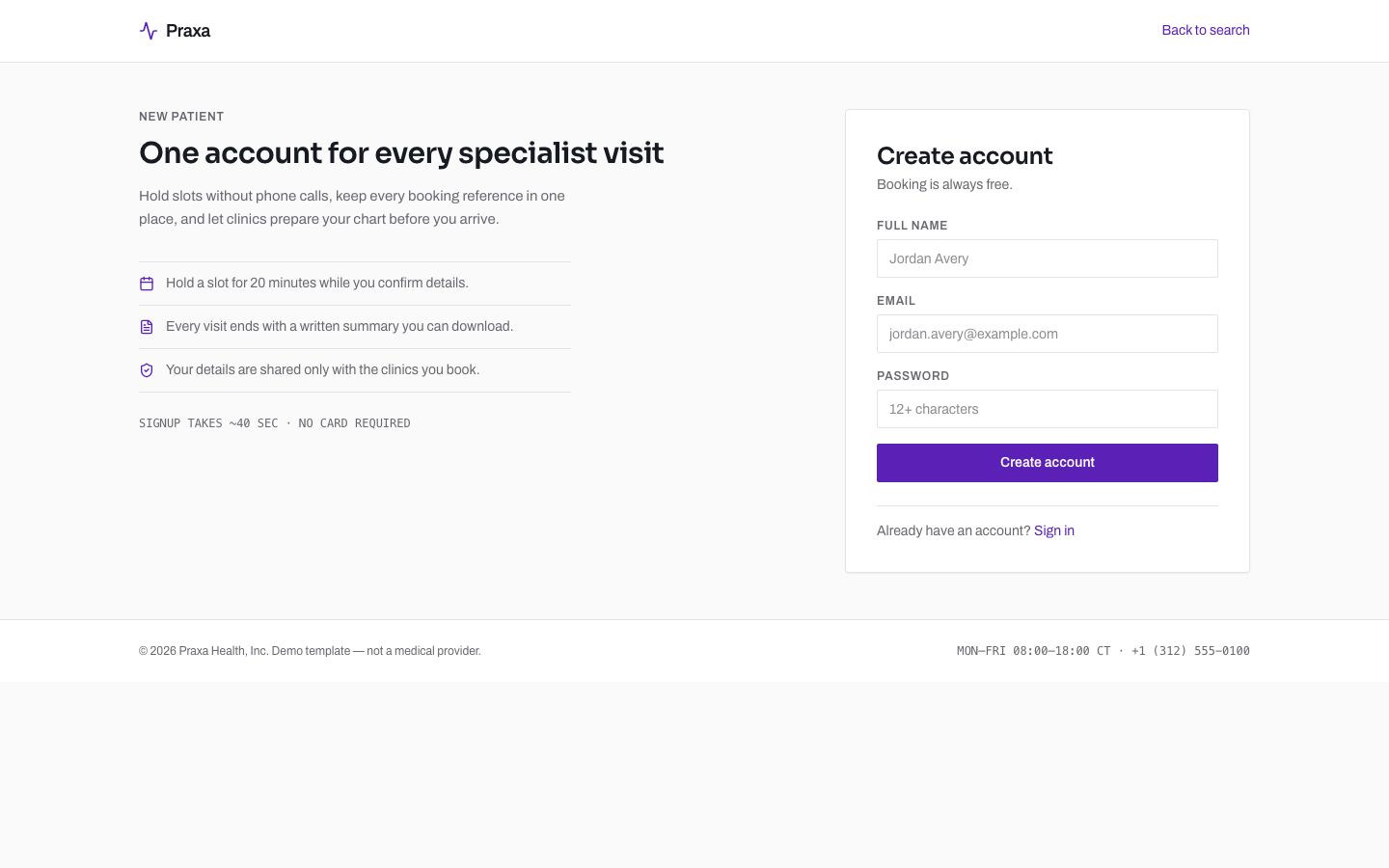 Doctor Appointment App Template — signup page screenshot