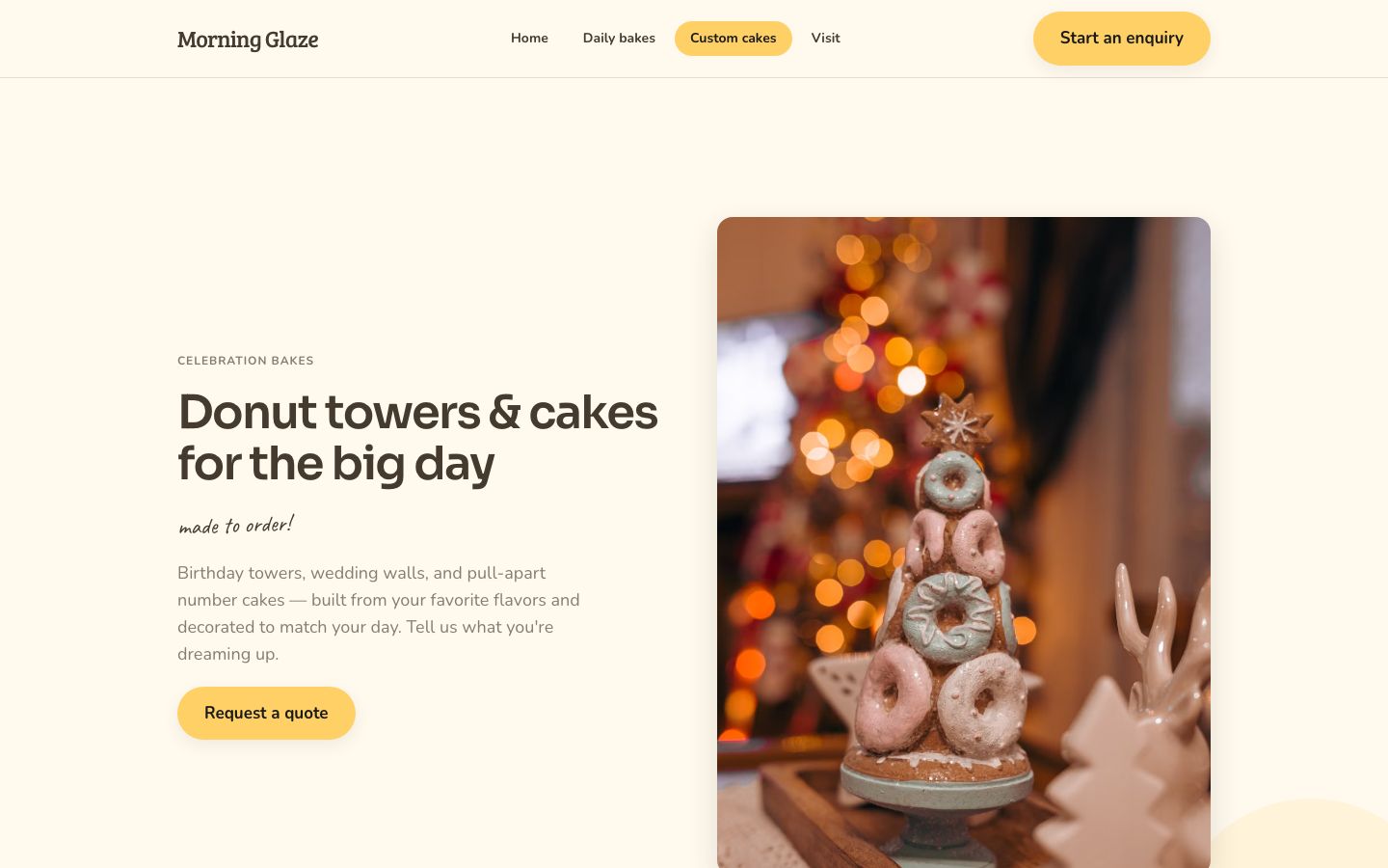 Donut Shop Website Template — custom cakes page screenshot