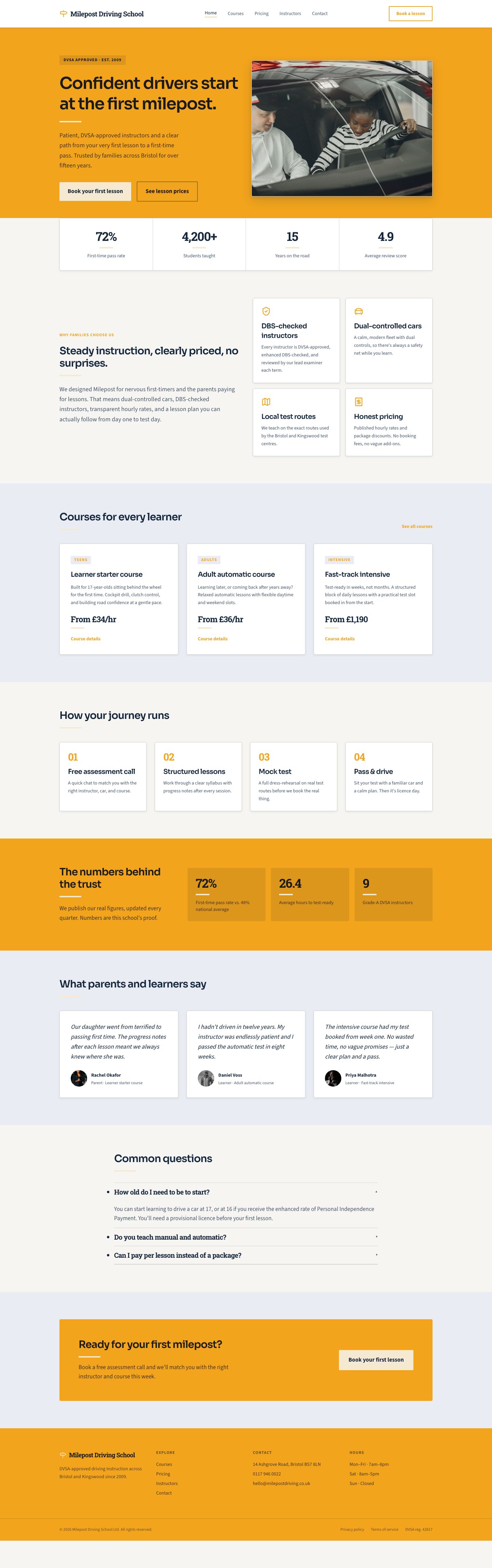 Driving School Website Template — full page preview