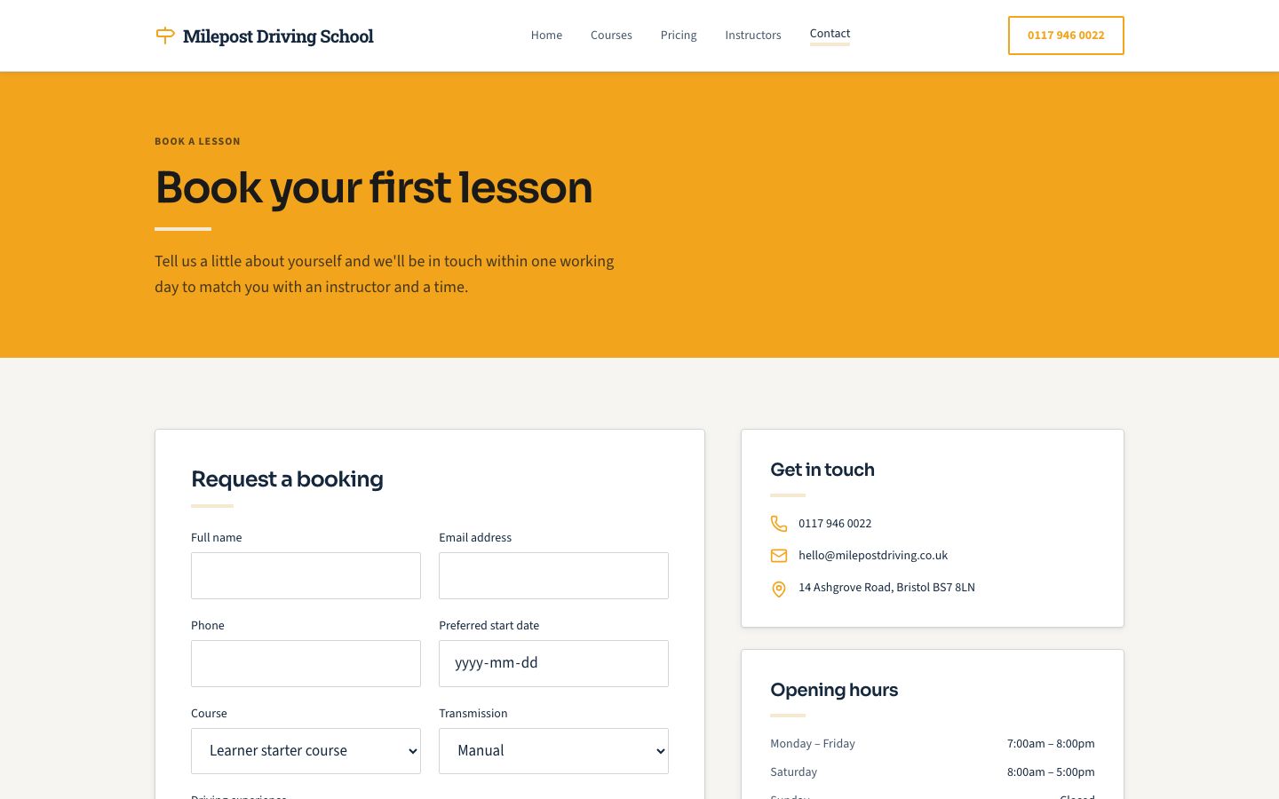 Driving School Website Template — contact page screenshot