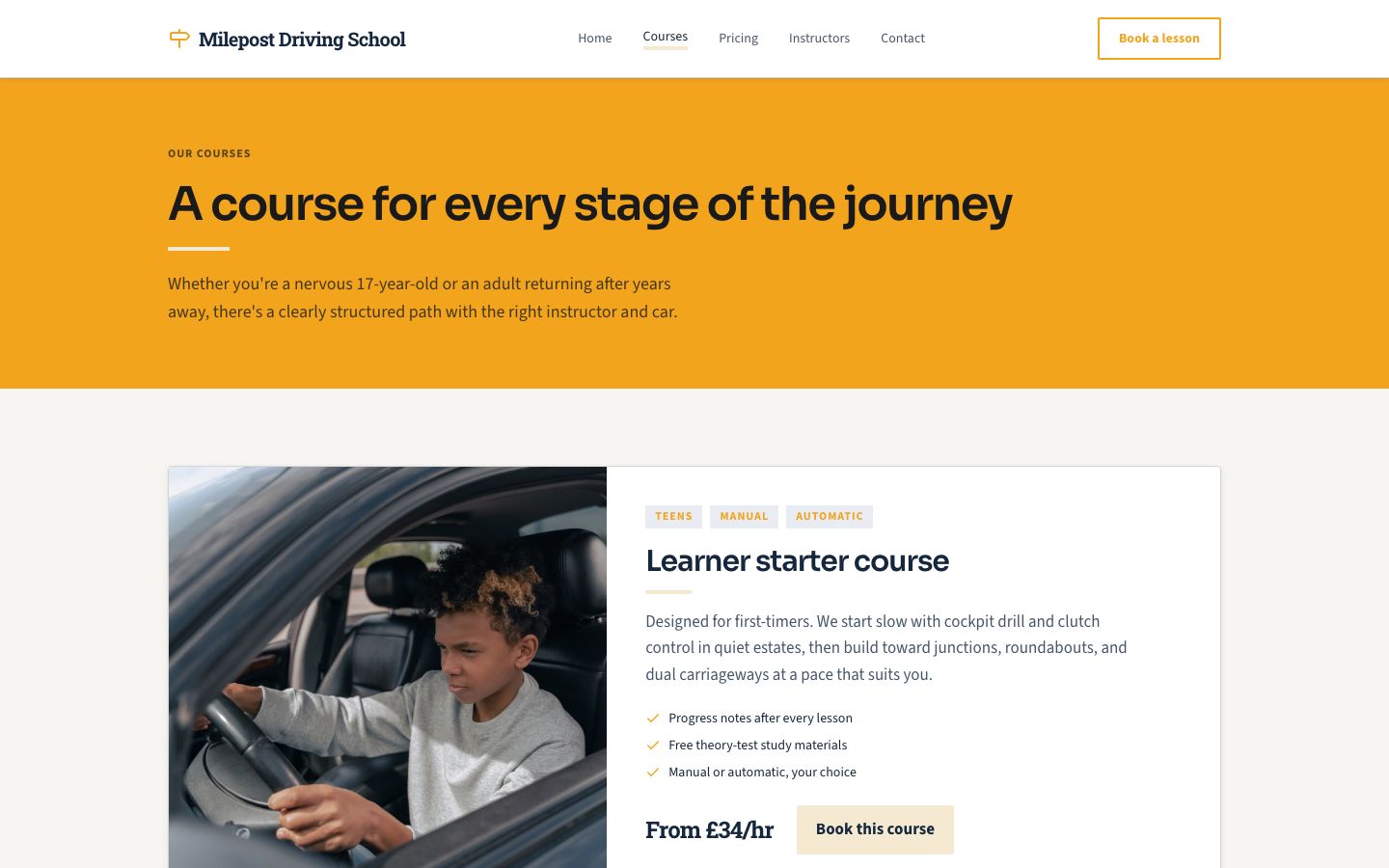 Driving School Website Template — courses page screenshot