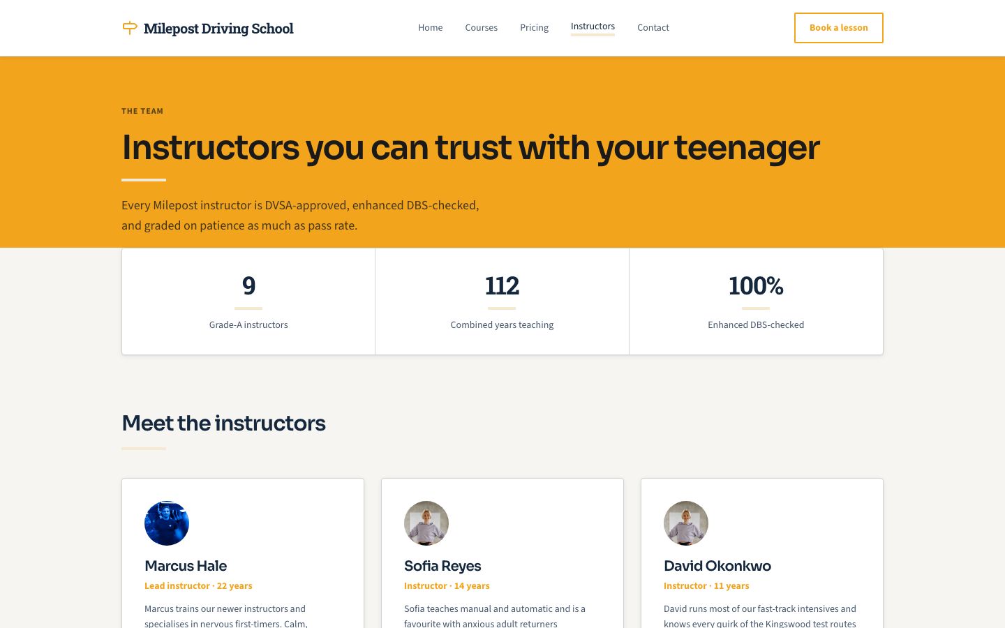 Driving School Website Template — instructors page screenshot