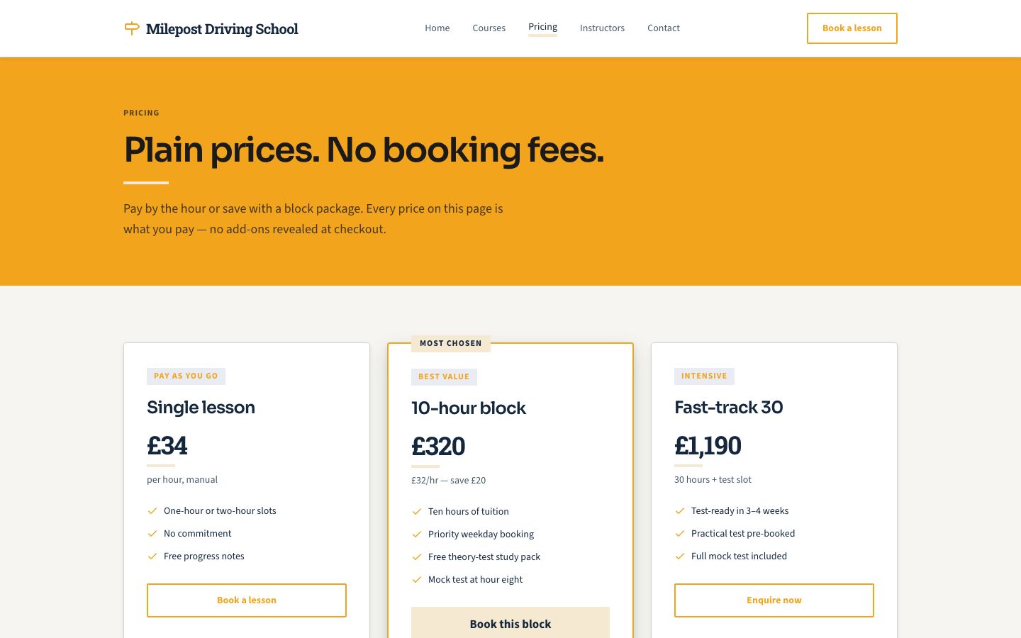 Driving School Website Template — pricing page screenshot