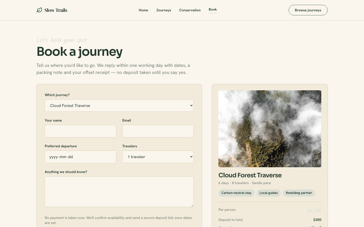 Ecotourism Website Template — book page screenshot