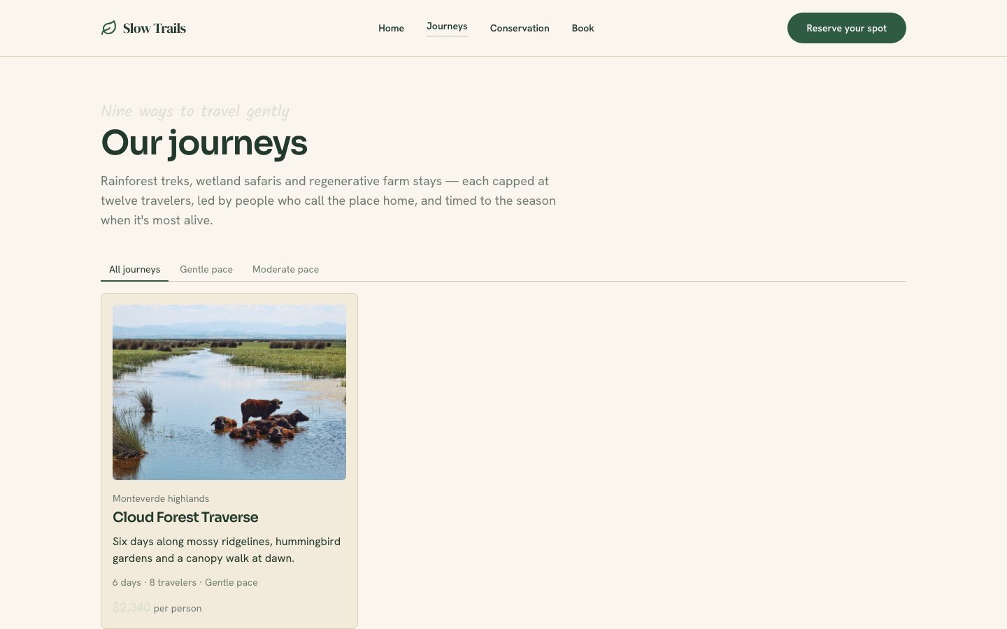 Ecotourism Website Template — journeys page screenshot