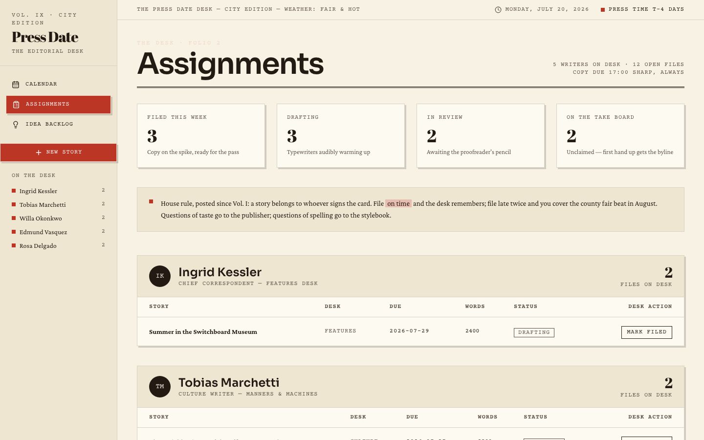 Editorial Calendar Template — assignments page screenshot