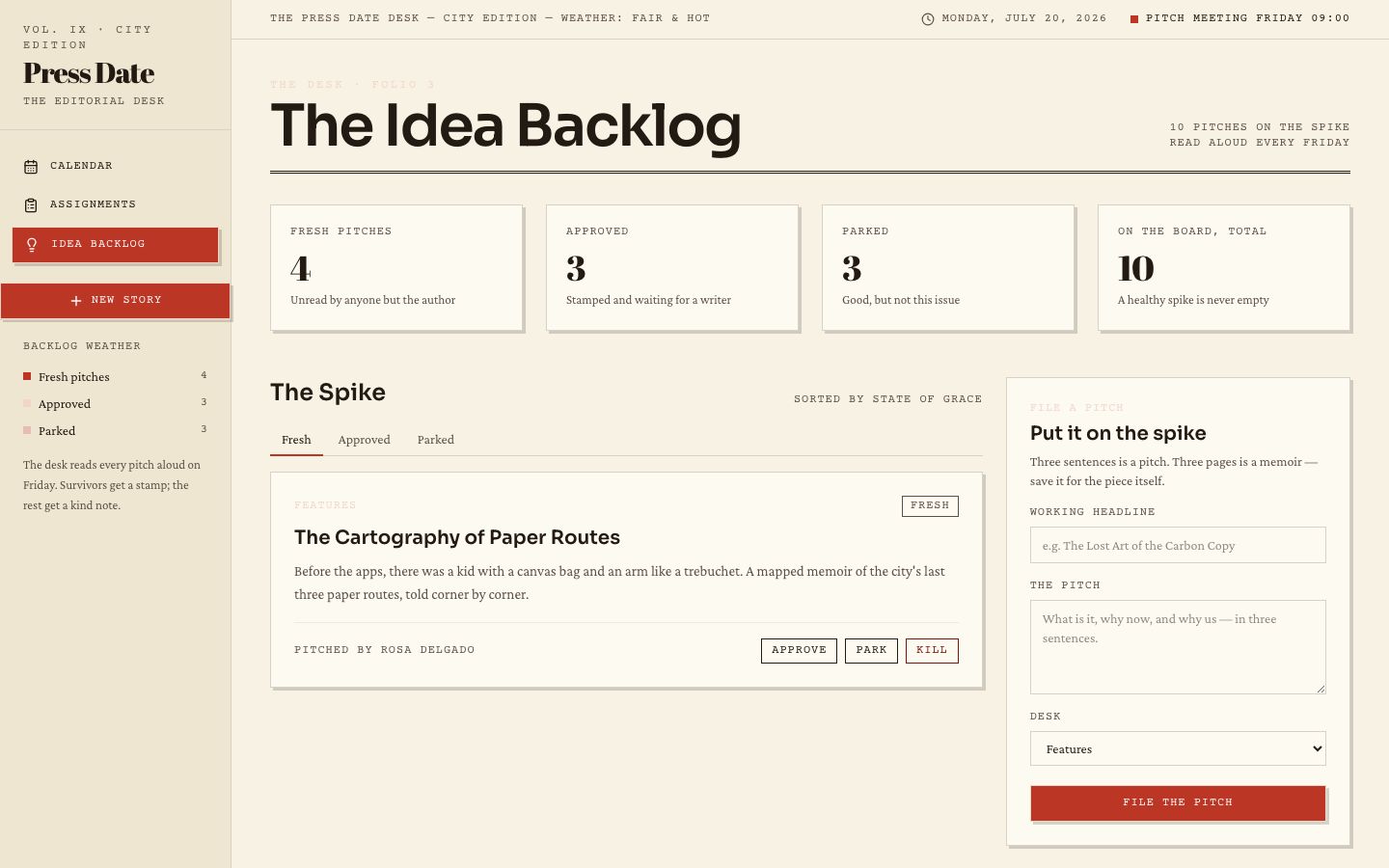 Editorial Calendar Template — backlog page screenshot