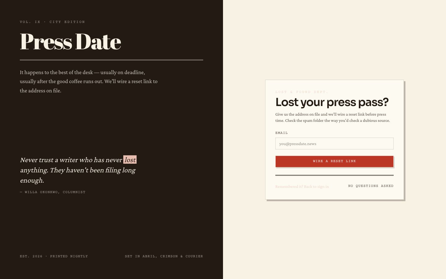 Editorial Calendar Template — forgot password page screenshot