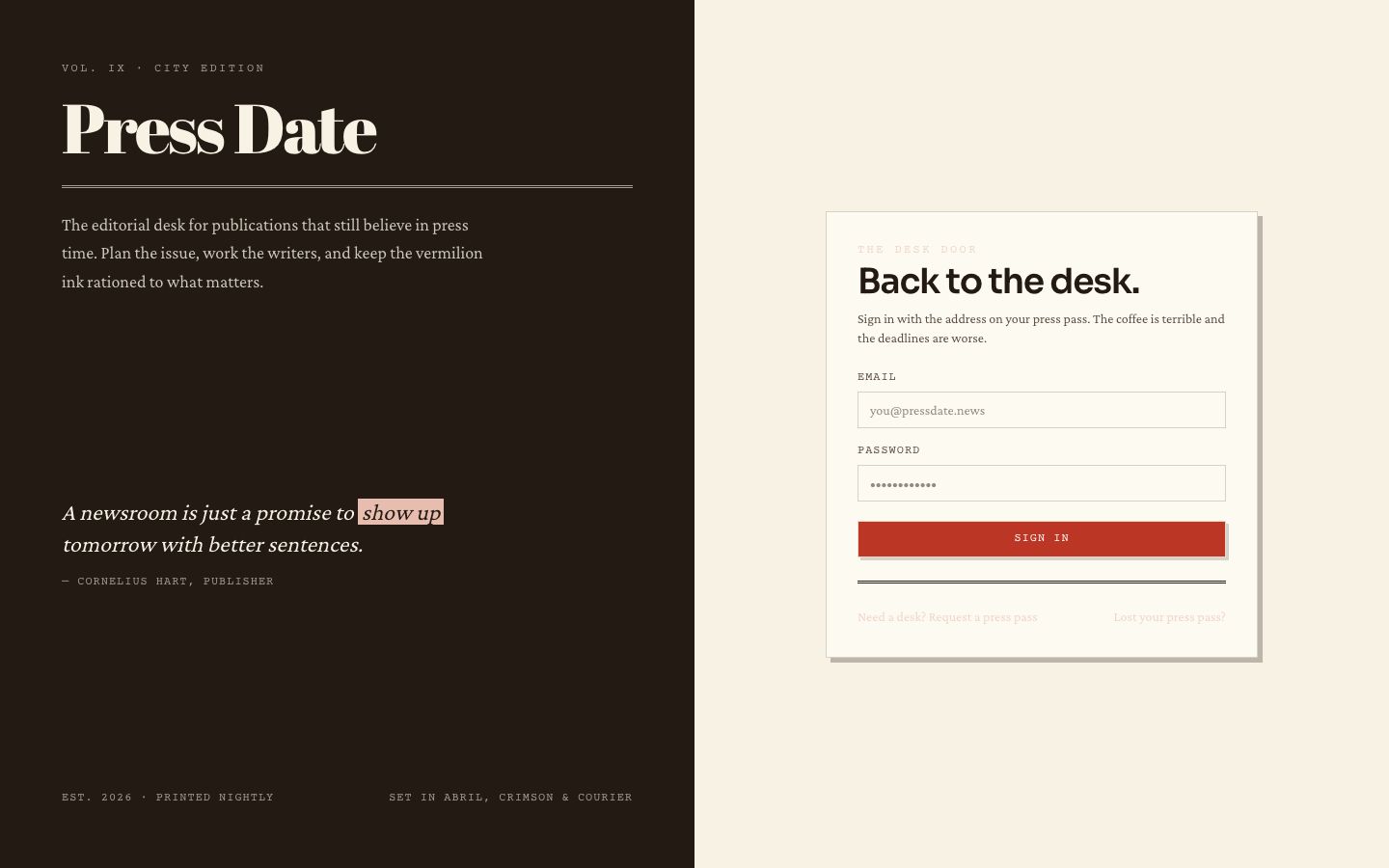 Editorial Calendar Template — login page screenshot
