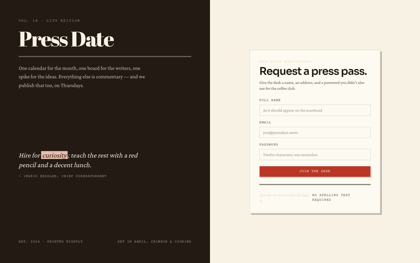 Editorial Calendar Template — signup page screenshot
