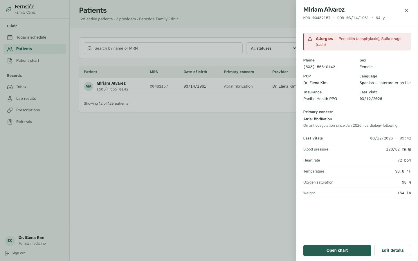 EHR UI Template — patients page screenshot
