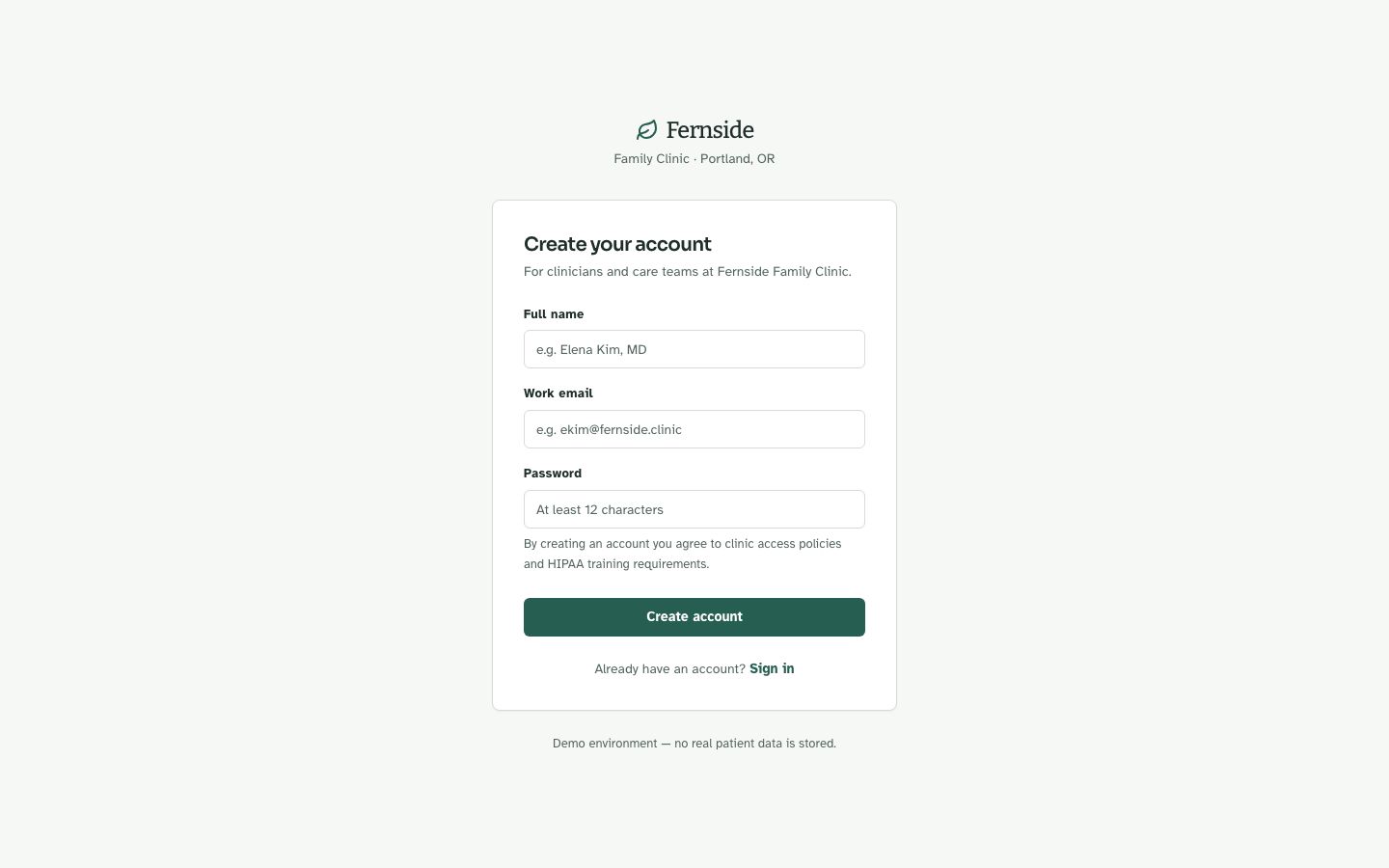 EHR UI Template — signup page screenshot
