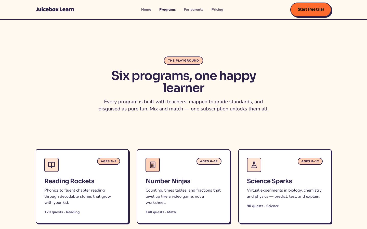 eLearning Website Template — programs page screenshot