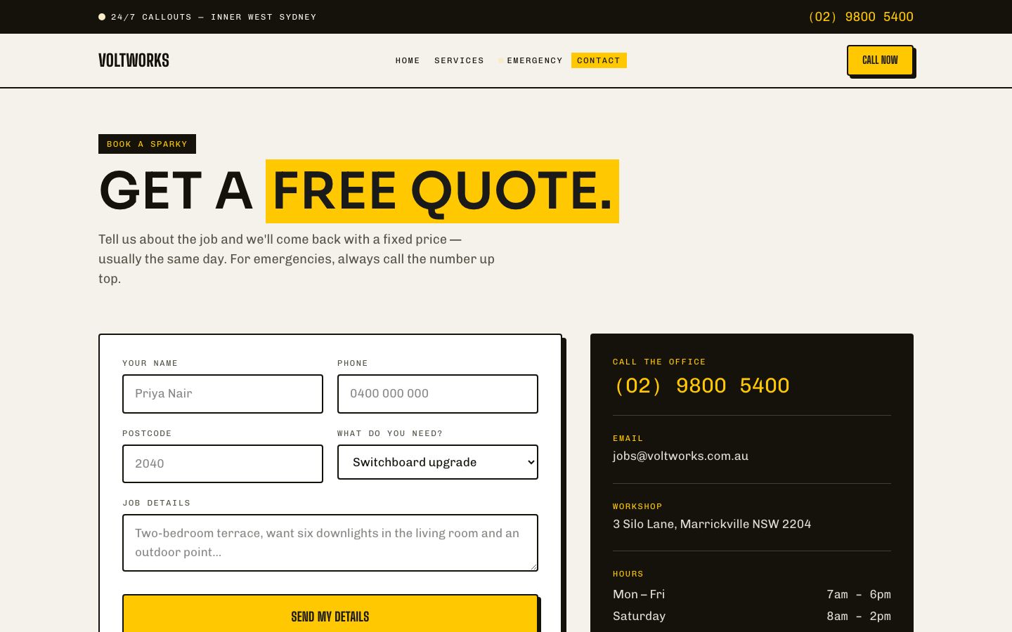 Electrician Website Template — contact page screenshot