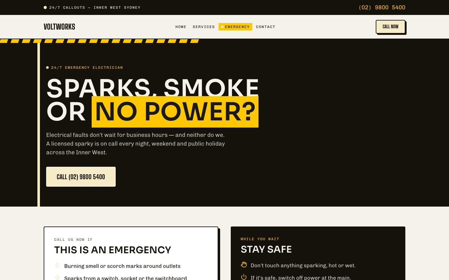 Electrician Website Template — emergency page screenshot