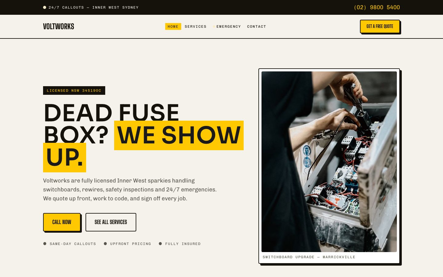 Electrician Website Template — home page screenshot