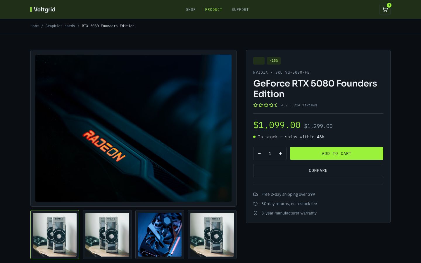 Electronics Store Template — product page screenshot