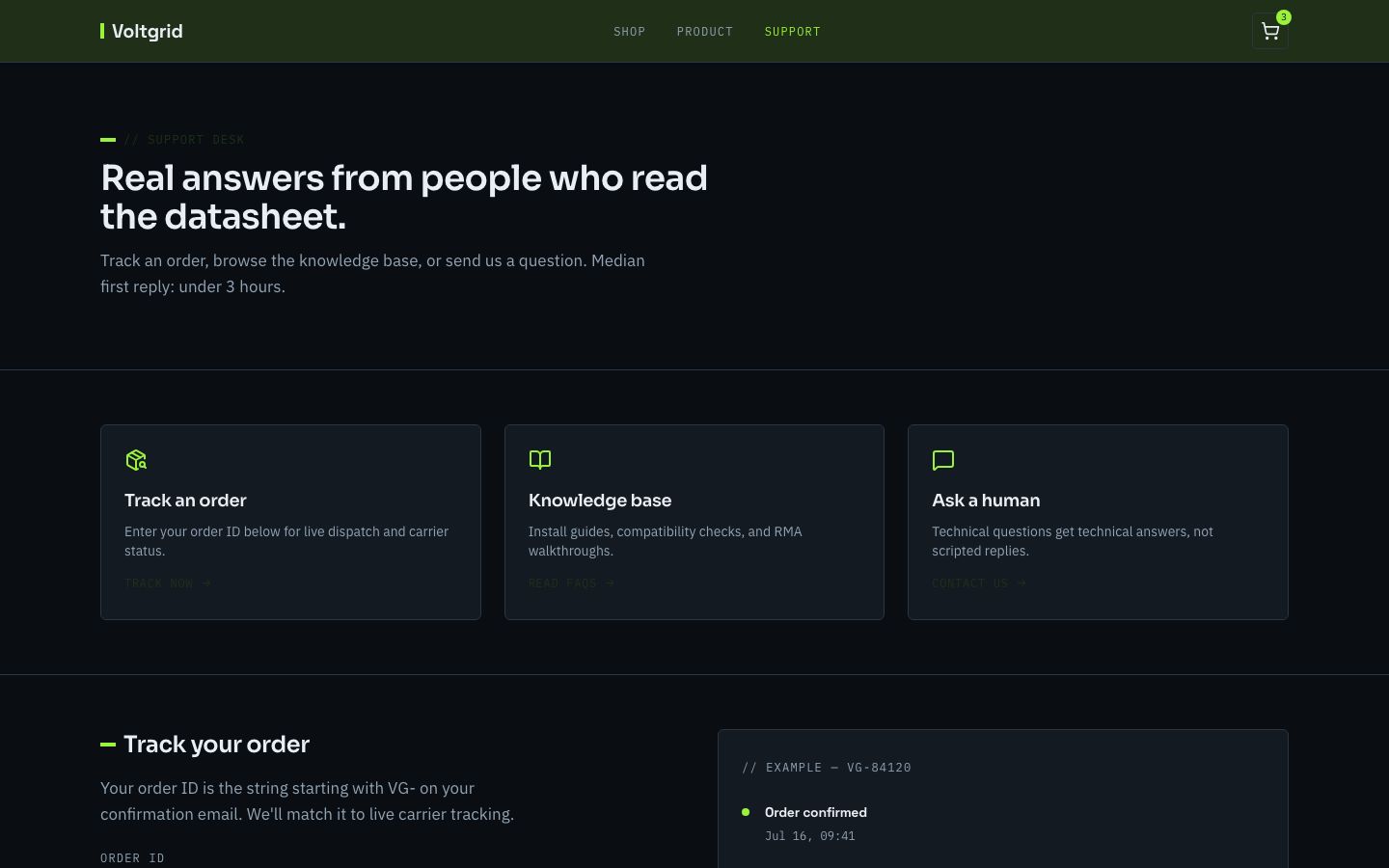 Electronics Store Template — support page screenshot