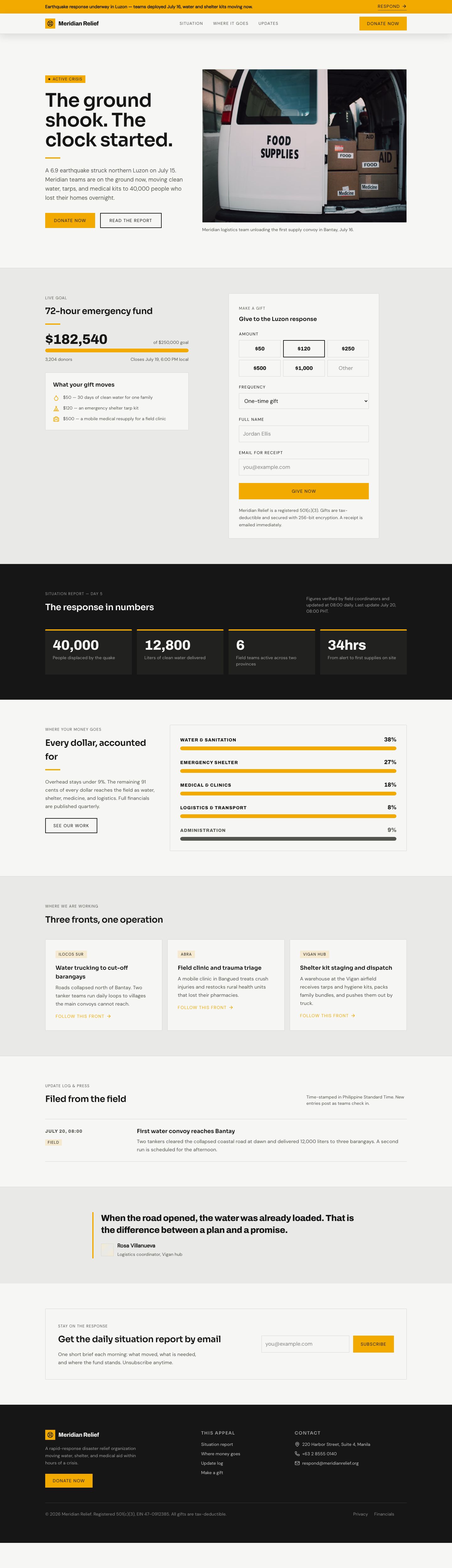 Emergency Donation Page Template — full page preview