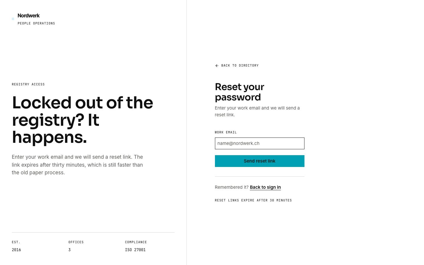 Employee Directory Template — forgot password page screenshot