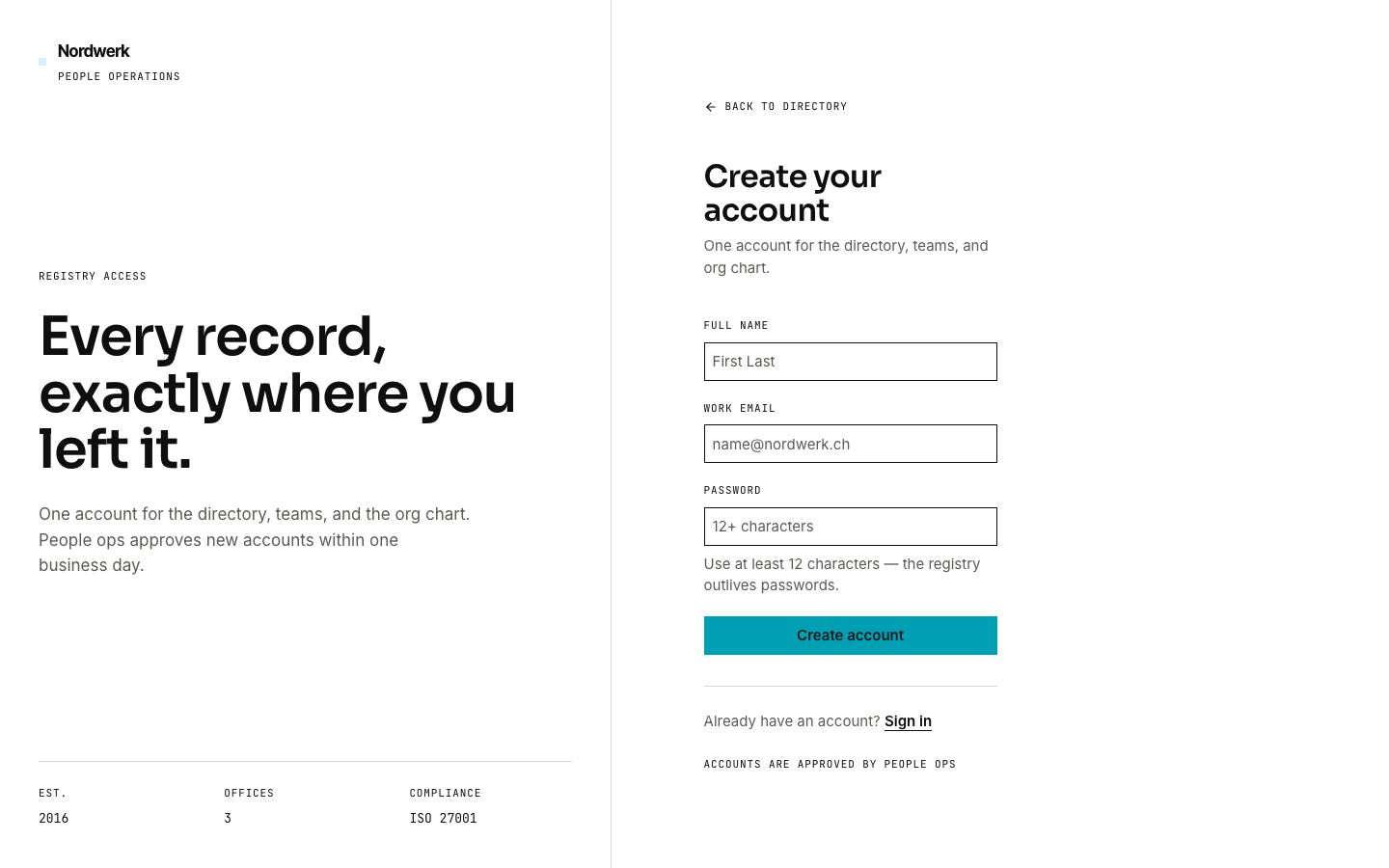 Employee Directory Template — signup page screenshot