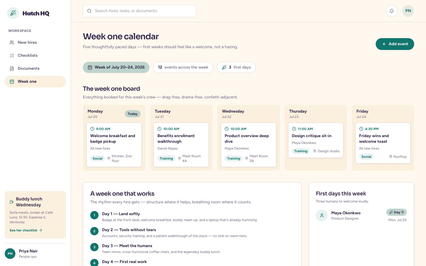 Employee Onboarding Dashboard Template — calendar page screenshot