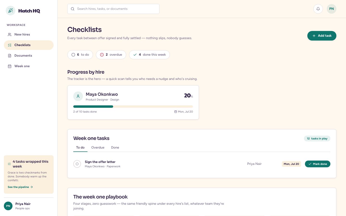 Employee Onboarding Dashboard Template — checklists page screenshot