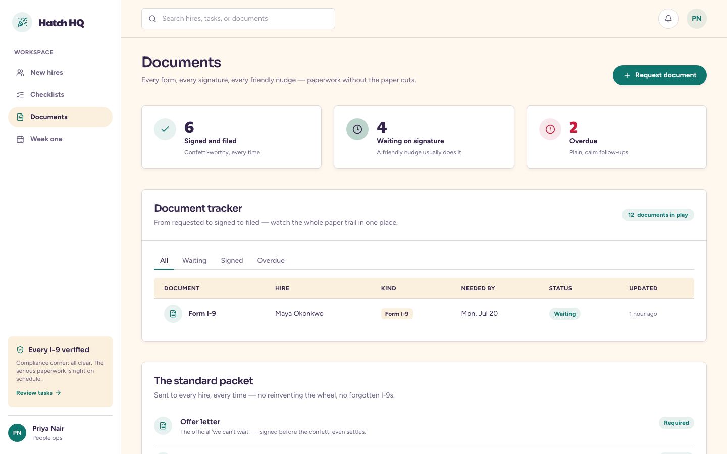 Employee Onboarding Dashboard Template — documents page screenshot