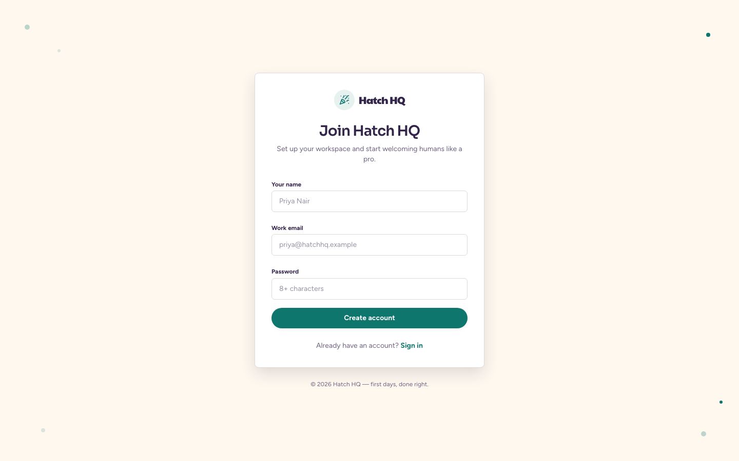 Employee Onboarding Dashboard Template — signup page screenshot