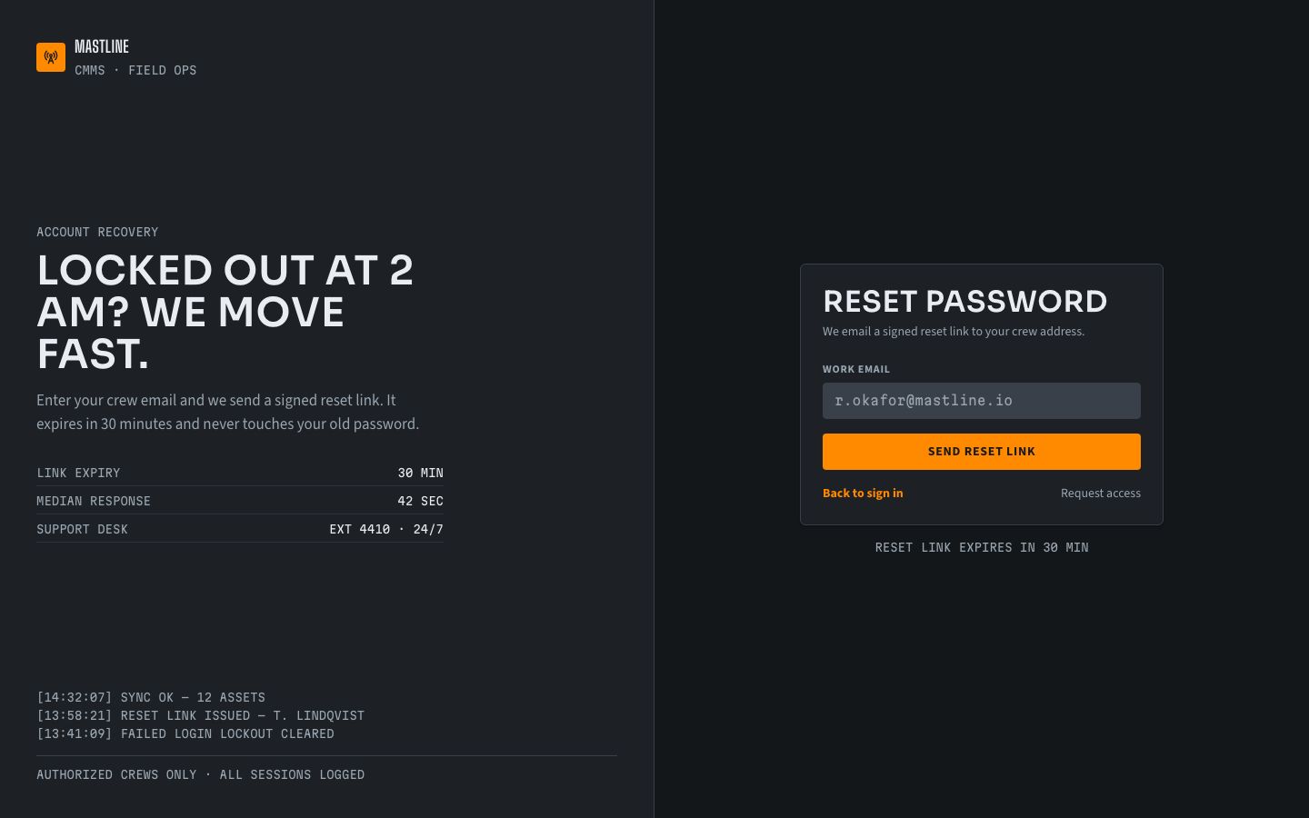Maintenance Management Dashboard Template — forgot password page screenshot